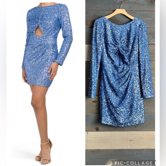$247 SHO By Tadashi Shoji Twisted Front Sequin Embellished Mini Dress - Picture 1 of 13